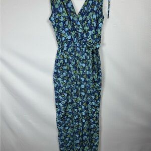 Time to Bloom Jumpsuit Faux Wrap V-neck Floral Blue/Green SMALL Tie Waist